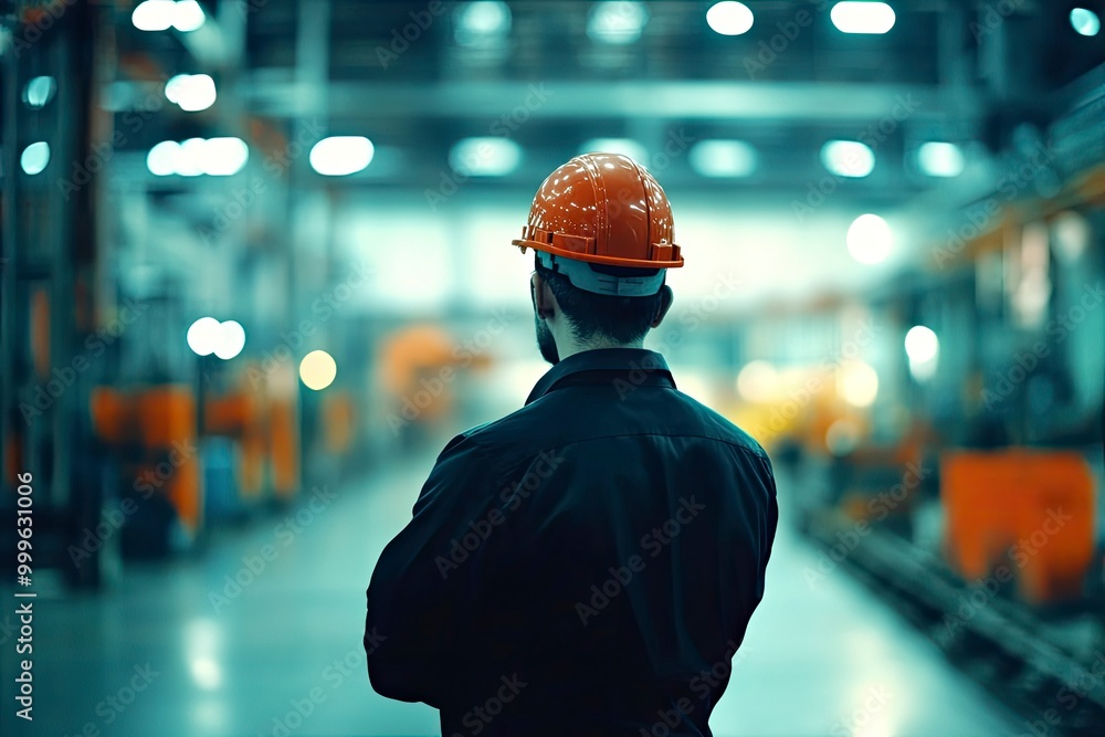 Blurred background. Factory worker is indoors with hard hat. with generative ai Blurred background. Factory worker is indoors with hard hat. with generative ai
