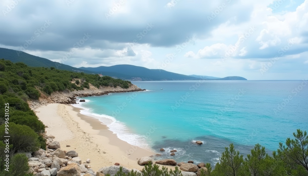 Obraz premium Tranquil beach cove under a cloudy sky