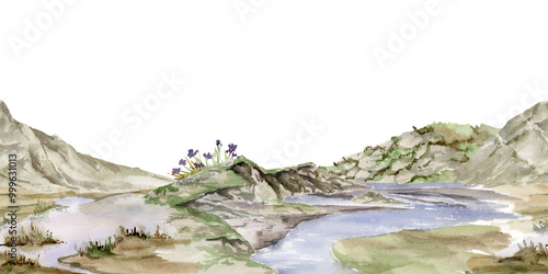 Scenery landscape of river stream lake, crags cliffs rocks hills land alpine vista, flowers plants hand drawn in watercolor. Seamless banner. For tourism, resort ads, hiking camping sites, vacation.
