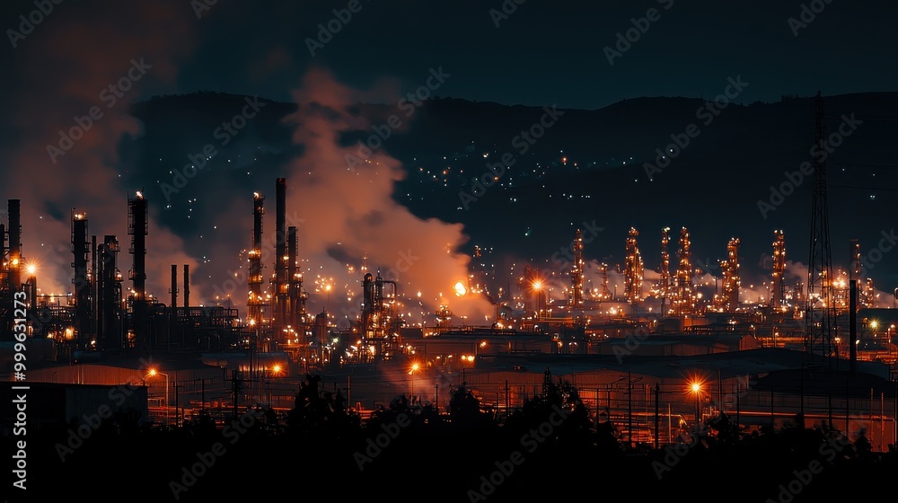 Fototapeta premium An oil refinery at night, illuminated by bright lights reflecting off industrial equipment and flaring gas pipes, creating a dramatic and energetic scene
