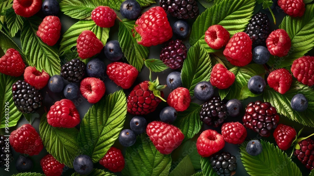 Close up of fresh berry fruit background with leaves, top view. Photorealistic high resolution macro photography for advertising or food design Close up of fresh berry fruit background with leaves, top view. Photorealistic high resolution macro photography for advertising or food design
