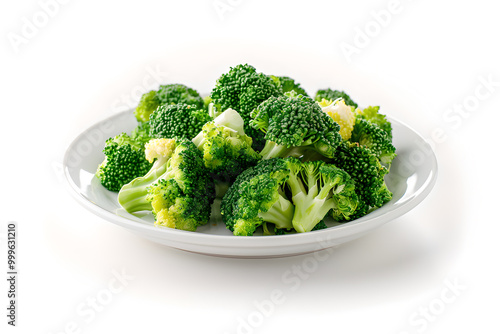 Steamed broccoli florets served on a white plate generative ai
