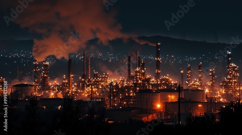 An oil refinery at night, illuminated by bright lights reflecting off industrial equipment and flaring gas pipes, creating a dramatic and energetic scene