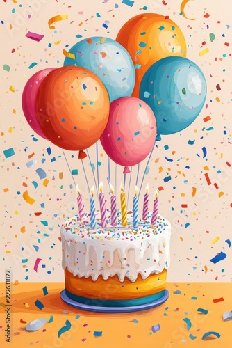 celebration decorations, happy birthday party theme with colorful hand-drawn balloons, confetti, and streamers in cheerful tones photo