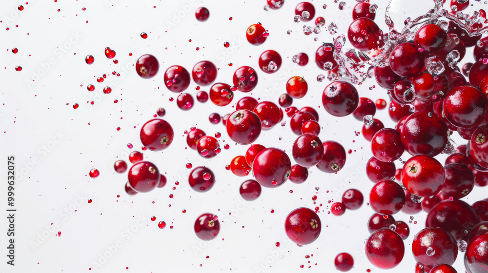 A handful of cranberries hovers in the air on a white background with drops of water and red syrup. A feeling of movement and energy A handful of cranberries hovers in the air on a white background with drops of water and red syrup. A feeling of movement and energy