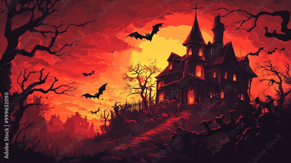 Silhouette of castle against a dark, moonlit sky, with a gothic cathedral and towering architecture casting long shadows in the Halloween night scene Silhouette of castle against a dark, moonlit sky, with a gothic cathedral and towering architecture casting long shadows in the Halloween night scene
