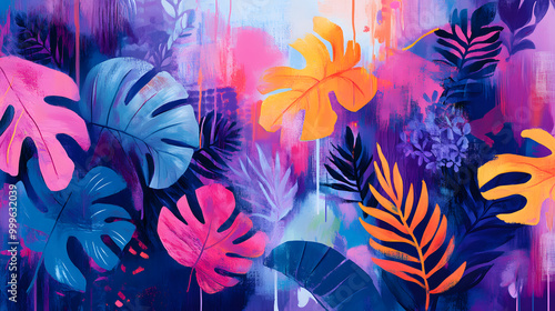 An explosion of vibrant plant forms in an abstract style, featuring oversized leaves and florals surrounded by bold brushstrokes of purple, neon pink, and electric blue.