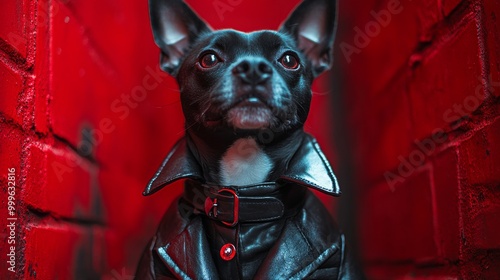 Black dog wearing a cape, standing in a narrow alleyway lit by soft red lights in the evening hours on Halloween.