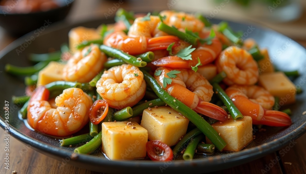 Delicious shrimp stirfry with vegetables ready to be savored Delicious shrimp stirfry with vegetables ready to be savored