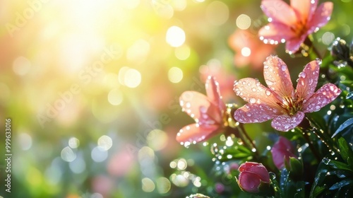 Water droplets on fresh flowers in a blooming field, creating a stunning background with space for text.