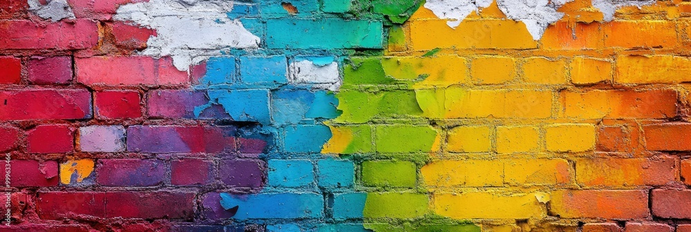 Textured rainbow graffiti on a rough brick wall, bold colors blending unevenly Textured rainbow graffiti on a rough brick wall, bold colors blending unevenly