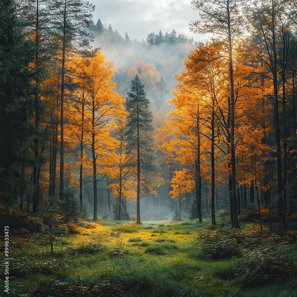 Fototapeta premium Misty Autumn Forest with Orange and Yellow Foliage