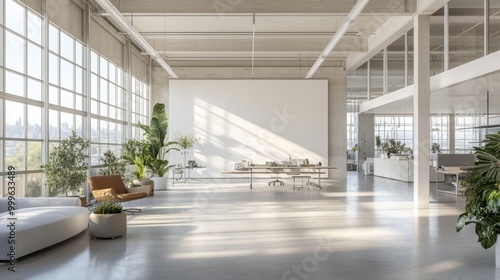 White open-plan office with a large blank wall, perfect for creative design layouts or business presentations.