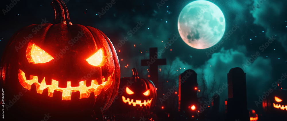 Glowing jack-o'-lanterns light up a graveyard under a full moon, casting an eerie glow over tombstones in this Halloween night scene. Glowing jack-o'-lanterns light up a graveyard under a full moon, casting an eerie glow over tombstones in this Halloween night scene.