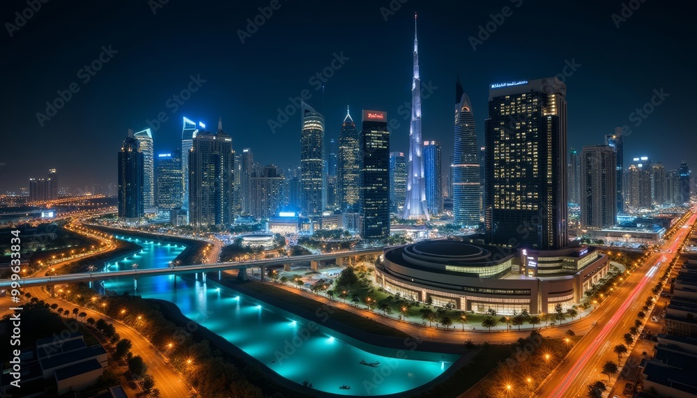 Bright cityscape at night illuminated skyscrapers and modern architecture Bright cityscape at night illuminated skyscrapers and modern architecture