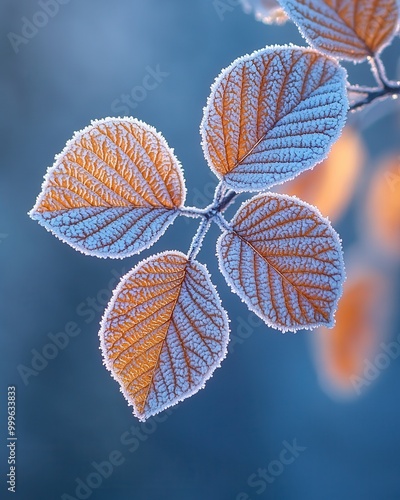 Frosted Leaves with Orange Touches in Winter