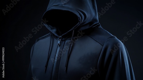 Black hooded sweatshirt with zipper, isolated on a black background.