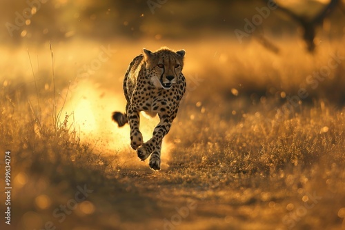 A cheetah in motion on a sunny day, perfect for sports or wildlife themes photo