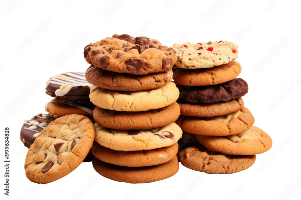A close-up view of a stack of assorted cookies and biscuits arranged neatly on a white background