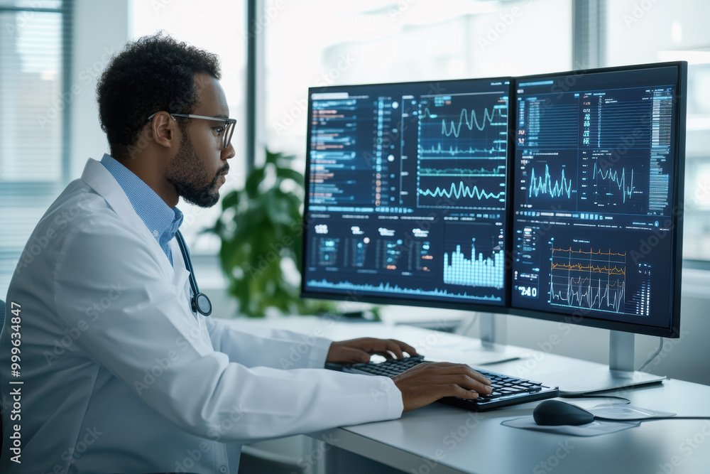 Doctor Monitoring Patient Data on Multiple Computer Screens in Modern Healthcare Facility Focused doctor analyzing real-time patient data on multiple screens Doctor Monitoring Patient Data on Multiple Computer Screens in Modern Healthcare Facility Focused doctor analyzing real-time patient data on multiple screens