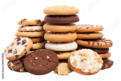 A close-up view of a stack of assorted cookies and biscuits arranged neatly on a white background