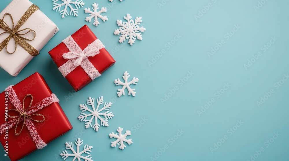 Christmas gifts surrounded by snowflakes in a festive Christmas backdrop Christmas gifts surrounded by snowflakes in a festive Christmas backdrop
