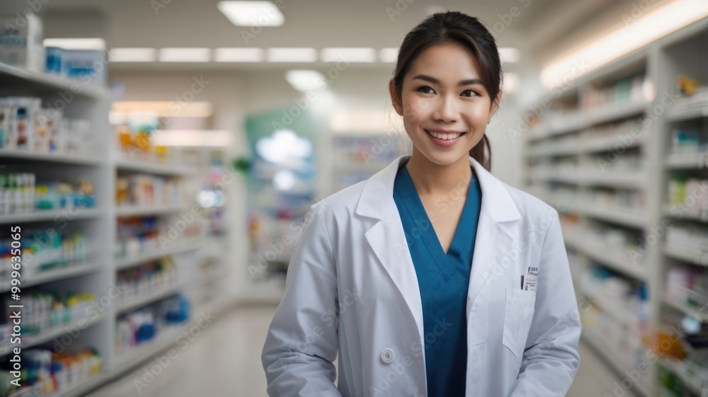 Happy young Asian in a lab coat in the drugstore Happy young Asian in a lab coat in the drugstore