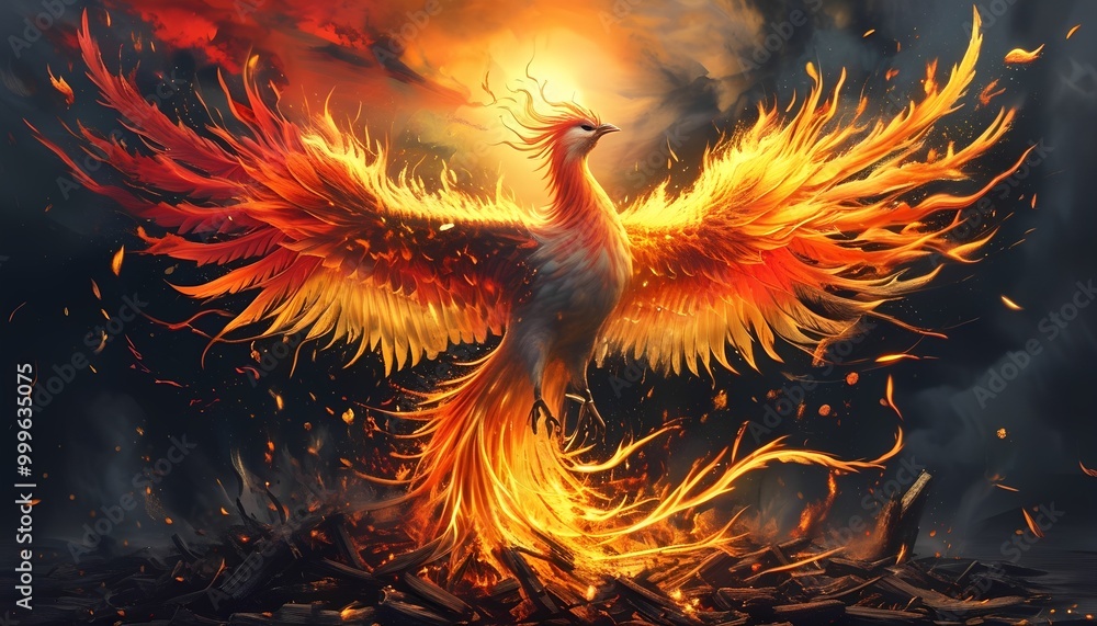 A majestic phoenix, engulfed in flames, rises from a bed of ashes. Its wings are outstretched, and its feathers are ablaze with vibrant colors. A majestic phoenix, engulfed in flames, rises from a bed of ashes. Its wings are outstretched, and its feathers are ablaze with vibrant colors.