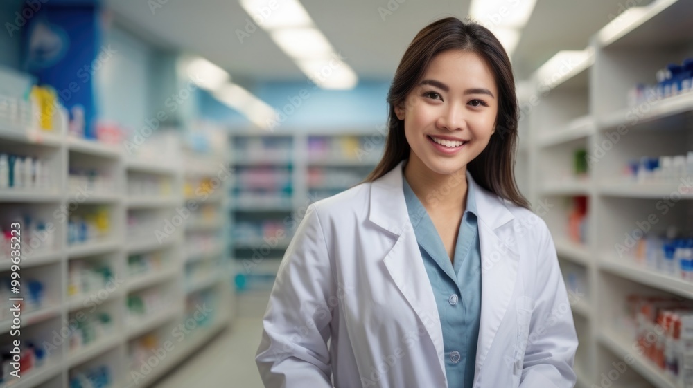 Happy young Asian in a lab coat in the drugstore Happy young Asian in a lab coat in the drugstore
