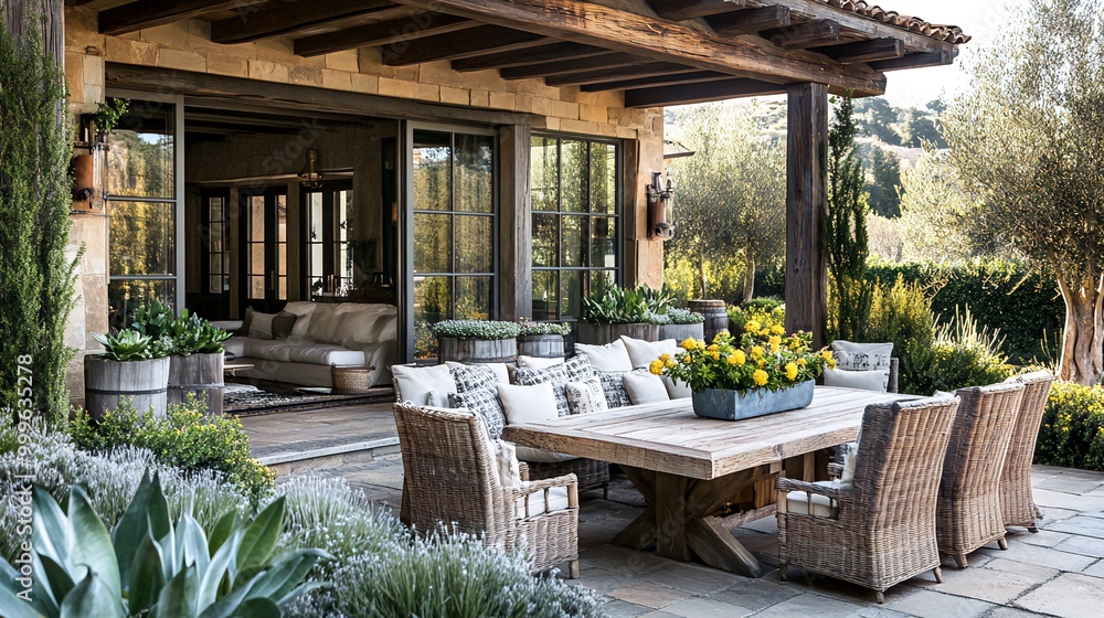 A rustic patio with a large dining table, wicker chairs, and a view of the surrounding garden. A rustic patio with a large dining table, wicker chairs, and a view of the surrounding garden.
