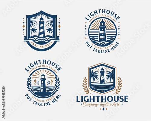 Set bundle vintage lighthouse marine logo for business company