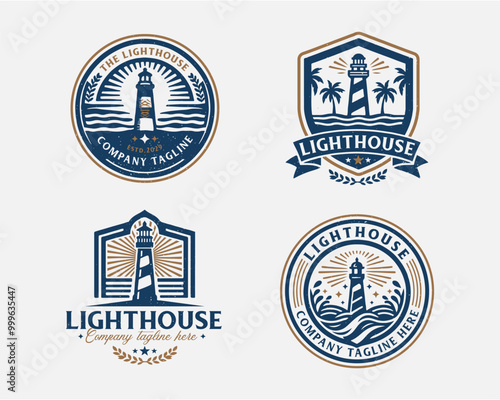 Set bundle vintage lighthouse marine logo for business company