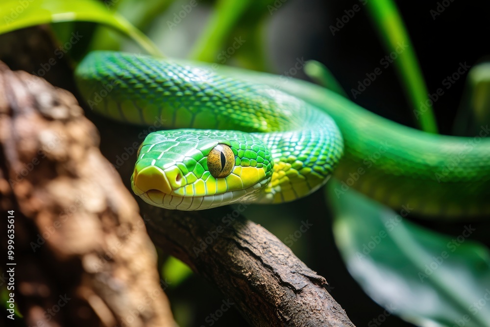 Trimisurus albolabris, green snake closeup on branch, animal closeup - generative ai Trimisurus albolabris, green snake closeup on branch, animal closeup - generative ai
