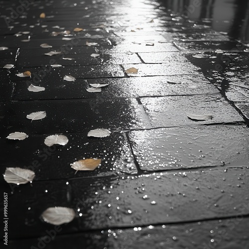 Fresh Rain Leaves on Wet Pavement in Urban Setting