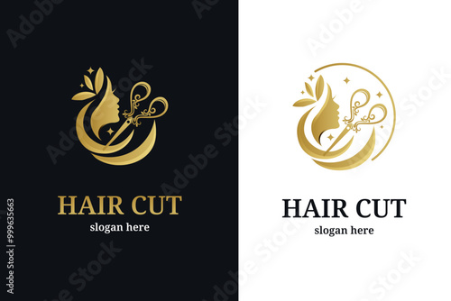 luxury Hair salon with hair and Scissors Concept logo design icon template 