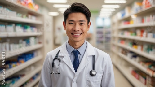 Happy young Asian in a lab coat in the drugstore