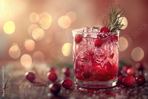 Fresh cranberries floating in a glass filled with ice, placed on a rustic wooden table