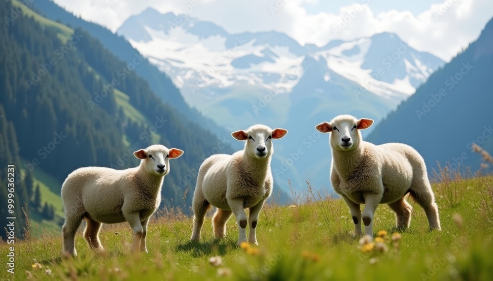 Fototapeta premium Peaceful pastoral scene with three sheep in a mountain meadow