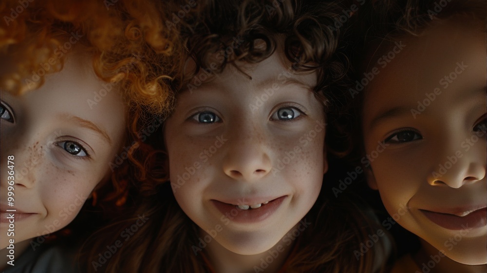 A close-up of three children, different hair types A close-up of three children, different hair types