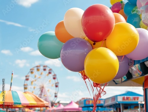 Colorful balloons sway gently in the breeze, enhancing the joyful ambiance of a vibrant carnival filled with rides and booths, inviting everyone to join the fun