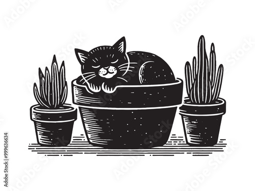 The cat sleeps in a flower pot. Vintage engraving black and white vector illustration