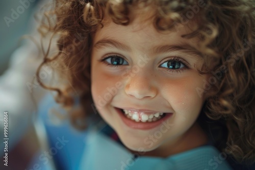 A young child with curly hair, looking straight into the camera