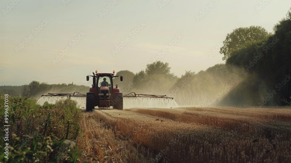 Fototapeta premium A tractor is spraying water on a field for irrigation or maintenance purposes, with potential uses in agriculture, landscaping, or construction
