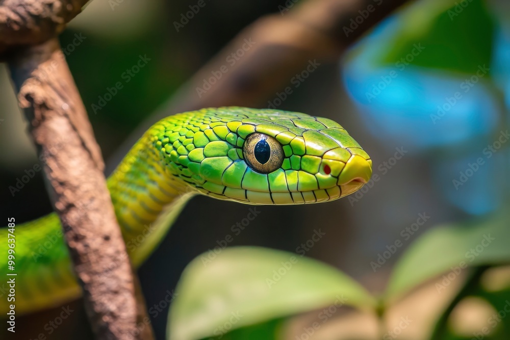 Trimisurus albolabris, green snake closeup on branch, animal closeup - generative ai Trimisurus albolabris, green snake closeup on branch, animal closeup - generative ai