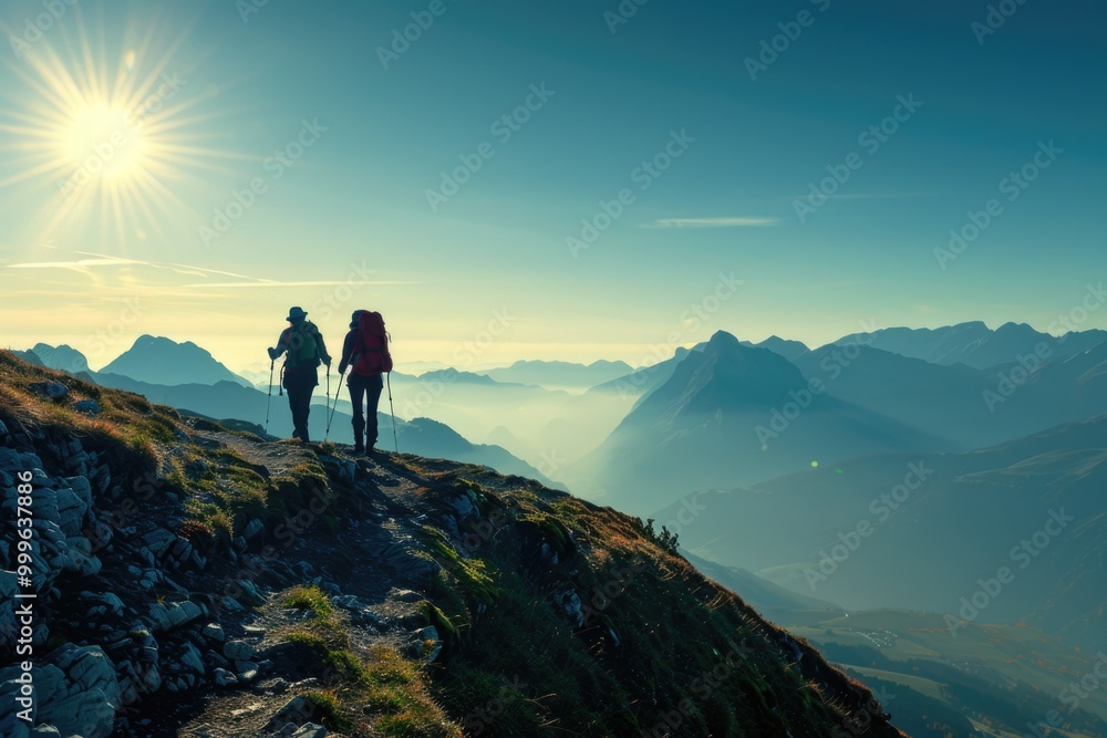 Fototapeta premium A couple stands at the summit of a mountain, enjoying the view