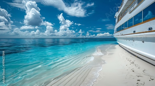 View from the side of the elegant cruise vessel at the stunning white sand beach