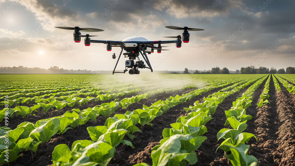 AI controlled drone spraying crops in a smart farm, precision farming, agricultural food tech. Generative Ai. AI controlled drone spraying crops in a smart farm, precision farming, agricultural food tech. Generative Ai.