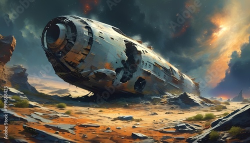 A massive, derelict spaceship rests in the barren desert landscape. Its hull is heavily damaged, with torn metal panels and exposed wiring.