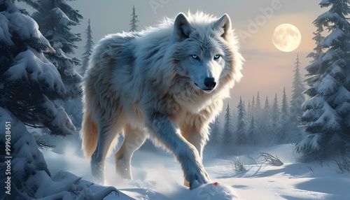 A majestic white wolf with piercing blue eyes strides through a snow-covered forest. 