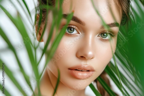 Close-up portrait of a woman with striking green eyes